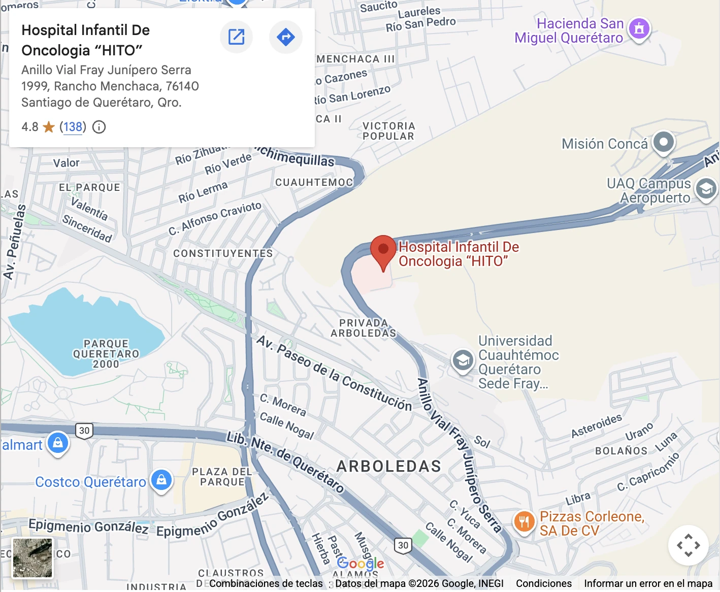 Mapa con la ubicación del Hospital Infantil Teletón de Oncología en Querétaro