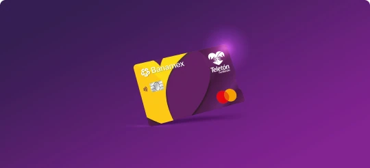 Ilustración de la tarjeta de crédito Teletón Banamex sobre fondo morado