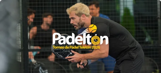 Jugador de pádel en cancha, banner del torneo Padeltón Teletón 2026