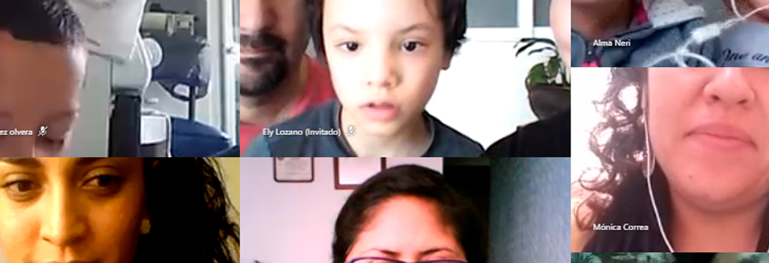 Captura de pantalla donde aparecen los rostros de varios niños y niñas del CAT y sus padres durante el taller de apoyo psicológico