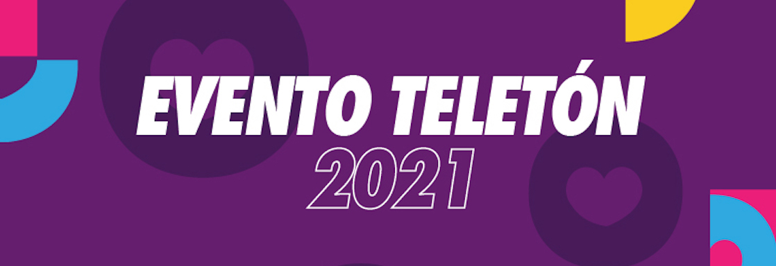 Texto sobre fondo morado: Evento Teletón 2021