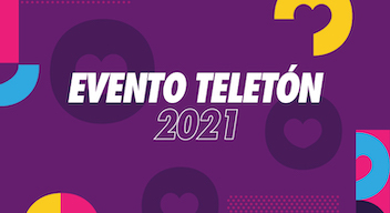 Texto sobre fondo morado: Evento Teletón 2021