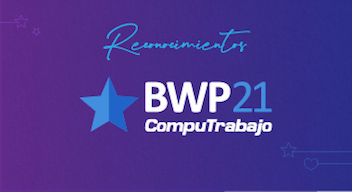 Logo de BestWorkPlaces de CompuTrabajo 2021 sobre fondo morado
