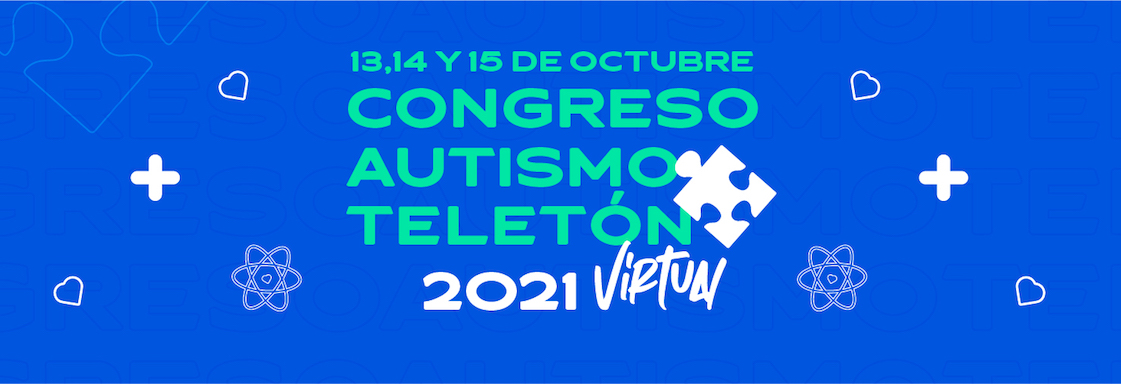 Diseño de fondo azul con texto color verde aqua: 13, 14 y 15 de octubre, Congreso Autismo Teletón 2021. Virtual.