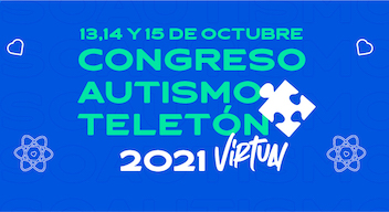 Diseño de fondo azul con texto color verde aqua: 13, 14 y 15 de octubre, Congreso Autismo Teletón 2021. Virtual.