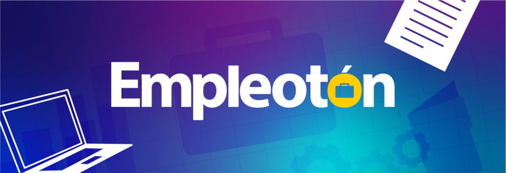 Diseño de fondo azul con imágenes de engranes, folders y computadoras. Sobre el fondo aparece el texto, en letras blancas: EMPLEOTÓN
