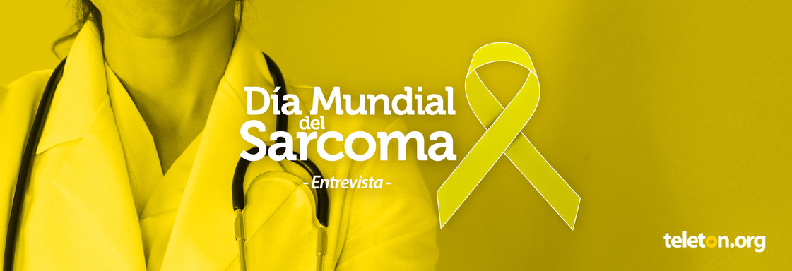 Imagen con filtro amarillo de una fotografía de una doctora y el texto Día Mundial del Sarcoma. Al lado del texto un listón amarillo.