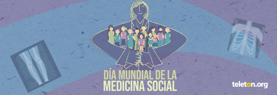 Imagen con ilustración de una mujer abrazando a muchas personas con el texto Día Mundial de la Medicina Social.