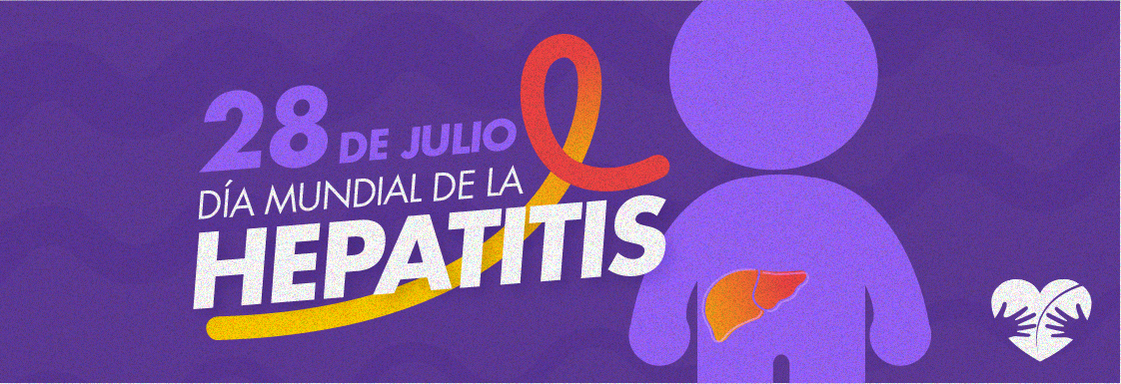 Imagen con fondo morado y el texto en letras blancas: 28 de julio Día Mundial de la Hepatitis y la ilustración de una figura morada que representa a una persona y en color naranja su hígado