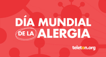 Imagen con fondo rojo y texto en color blanco que dice Día Mundial de la Alergia. En el fondo de la imagen una ilustración de una alérgeno.