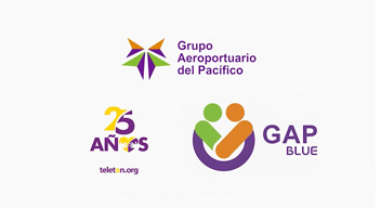Diseño con fondo blanco y tres logos: el primero, de Fundación Teletón, el segundo, del Grupo Aeroportuario del Pacífico, el tercero de GAP Blue