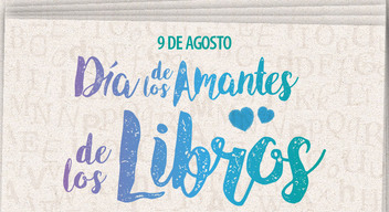 Imagen de un libro abierto con el texto en letras azules que dice Día de los Amantes de los Libros