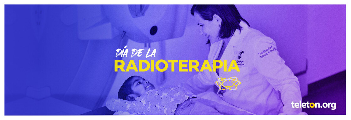 Imagen de fotografia en sala de radioterapia con paciente y doctora y encima el texto Dia de la Radioterapia