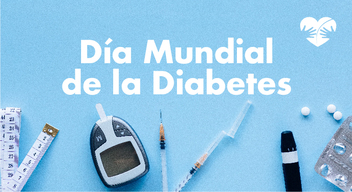 Fotografía de jeringa, glucómetro, cinta métrica y pastillas con el texto Día Mundial de la Diabetes