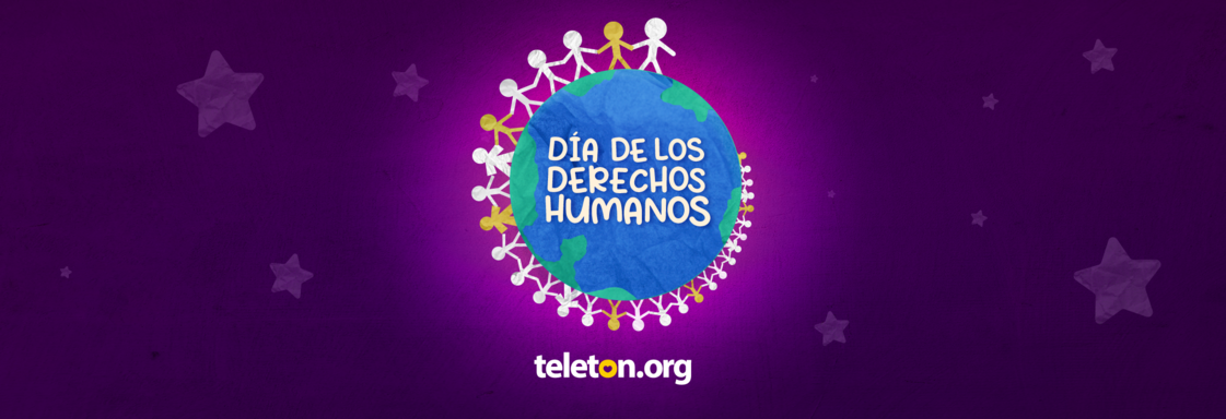 Imagen con ilustración de un mundo rodeado de personas y encima de él el texto que dice Día de los Derechos Humanos