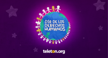 Imagen con ilustración de un mundo rodeado de personas y encima de él el texto que dice Día de los Derechos Humanos