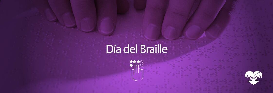 Imagen con foto en filtro morado de unas manos leyendo una hoja en braille y el texto en blanco que dice: Día del Braille