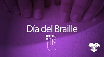 Imagen con foto en filtro morado de unas manos leyendo una hoja en braille y el texto en blanco que dice: Día del Braille