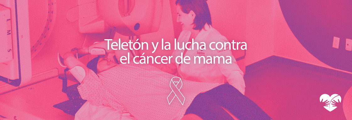 Foto con filtro rosa de una doctora realizando un estudio a una mujer recostada y encima el texto Teletón y la lucha contra el cáncer de mama