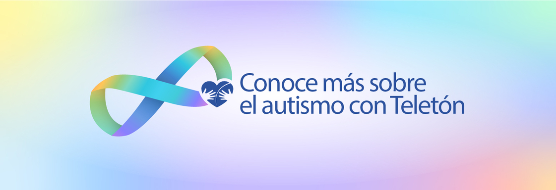 Imagen con fondo de arcoiris color pastel y encima un símbolo de infinito y el texto: Conoce más sobre el autismo con Teletón