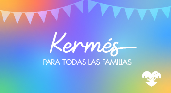 Ilustración con fondo de arcoíris y encima el texto en blanco que dice Kermés para todas las familias