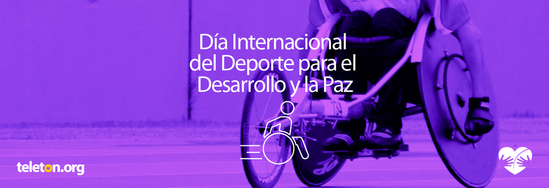 Foto con filtro morado de una persona en silla de ruedas y encima el texto Día Internacional del Deporte para el Desarrollo y la Paz