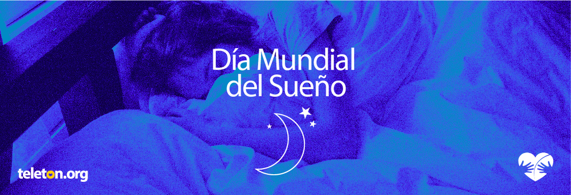Imagen con foto de un niño durmiendo con filtro azul y encima el texto en blanco que dice Día Mundial del Sueño