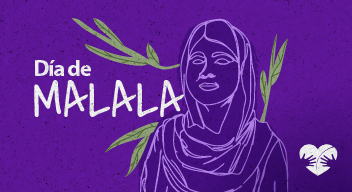Imagen de fondo morado con ilustración de la silueta de Malala en blanco y a un lado del texto Día de Malala