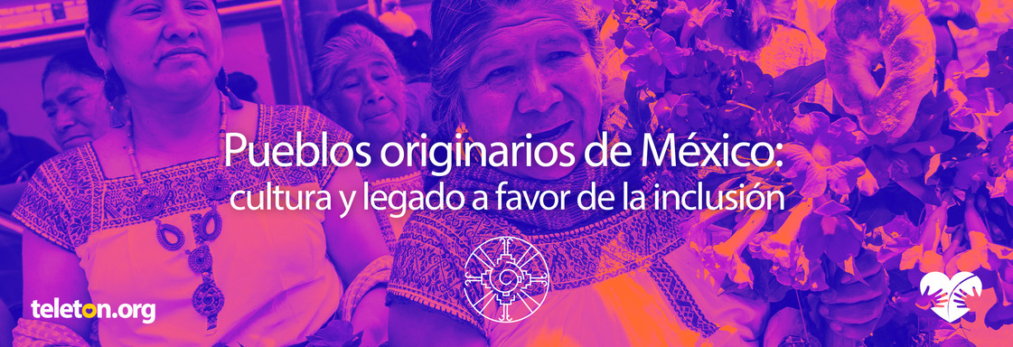 Foto con filtro rosa de mujeres de pueblos indígenas de México de diversas edades cargando flores y encima el texto Pueblos originarios de México: cultura y legado a favor de la inclusión