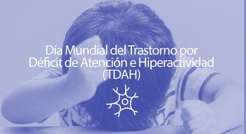 Imagen con foto en filtro morado de un niño agarrándose la cabeza y encina el texto: Día Mundial del Trastorno por déficit de Atención e Hiperactividad (TDAH)