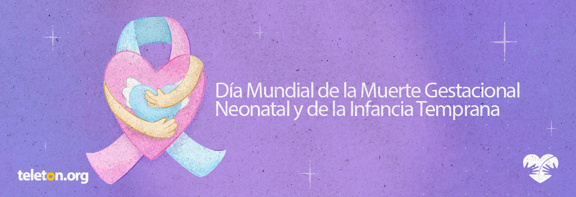 Imagen con fondo morado y un listo rosa y azul pastel con un corazón que forma un abrazo y el texto que dice Día Mundial de la Muerte Neonatal y de la Infancia Temprana