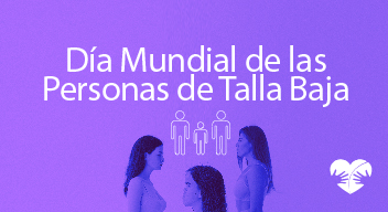 Imagen con filtro morado de tres mujeres de talla baja y arriba el texto en blanco que dice: Día Mundial de las Personas de Talla Baja