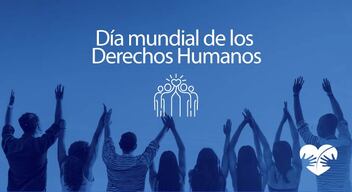 Imagen con foto en filtro azul de personas agarradas de las manos alzando los brazos y encima el texto en blanco  que dice: Día Mundial de los Derechos Humanos