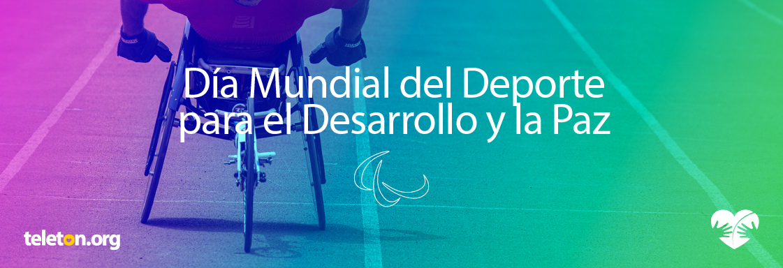 Imagen con foto en filtro de colores de un atleta en silla de ruedas en una pista de corredores y encima el texto Día Mundial del Deporte para el Desarrollo y la Paz