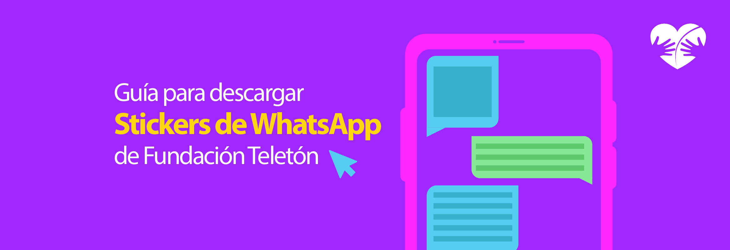 Imagen con ilustración de un teléfono y el texto que dice Guía para descargar stickers de WhatsApp de Fundación Teletón