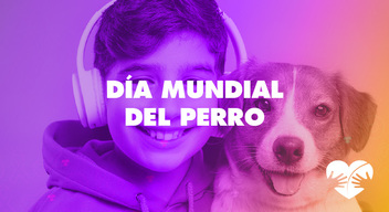 Foto niño con audífonos y perro y texto Día Mundial del perro