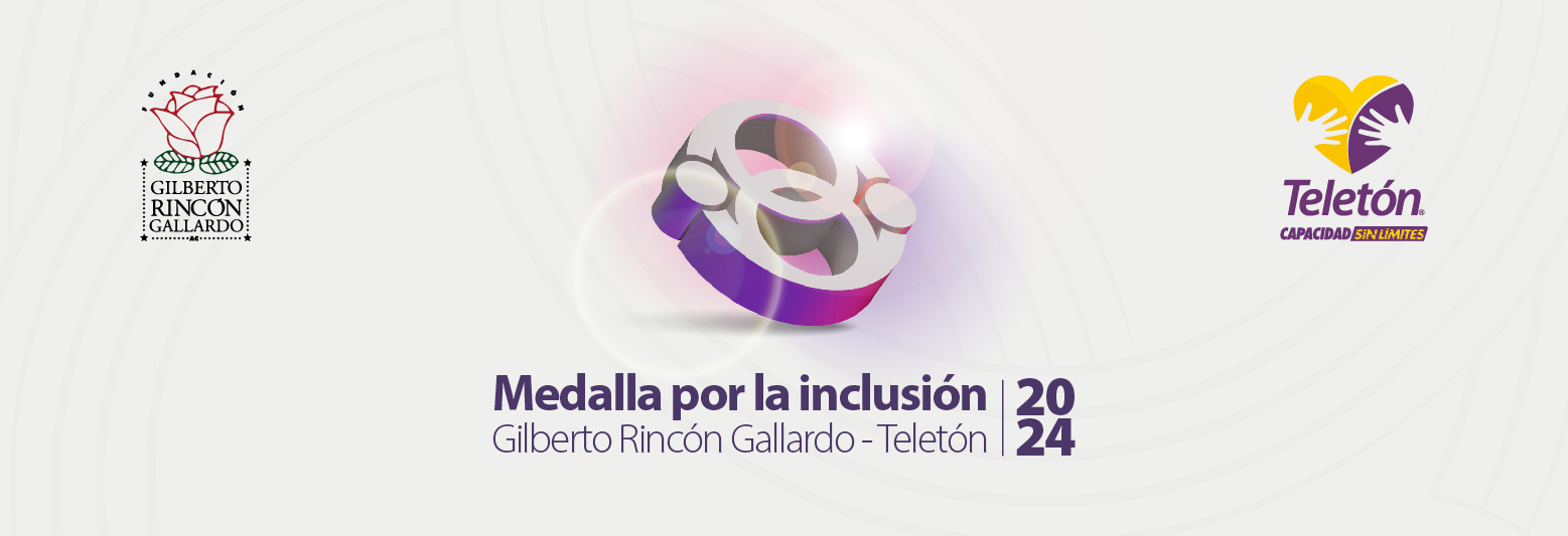 Imagen con fondo blanco y logo morado de medalla y texto morado que dice Medalla por la inclusión Gilberto Rincón Gallardo - Teletón