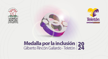 Imagen con fondo blanco y logo morado de medalla y texto morado que dice Medalla por la inclusión Gilberto Rincón Gallardo - Teletón