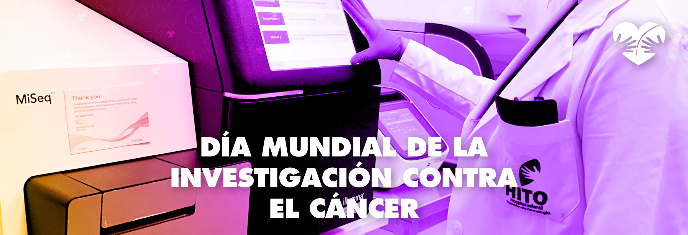 Foto de un secuenciador y el texto Día Mundial de la Investigación contar el Cáncer