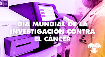 Foto de un secuenciador y el texto Día Mundial de la Investigación contar el Cáncer