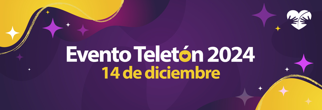 Imagen fondo morado y encima letras blancas que dicen: Evento Teletón 2024 14 de diciembre