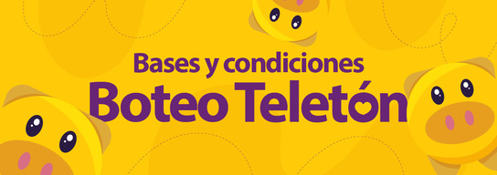 Diseño de fondo amarillo con texto morado: Bases y condiciones Boteo Teletón