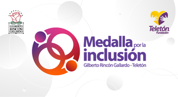 Imagen con fondo blanco y logo morado de medalla y texto morado que dice Medalla por la inclusión Gilberto Rincón Gallardo - Teletón