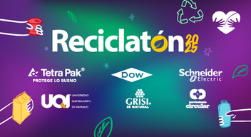 Imagen de portada para nota de Reciclatón. Sobre un fondo morado con verde aparece el texto: Reciclatón. La letra o es un símbolo de reciclaje (tres flechas que giran).